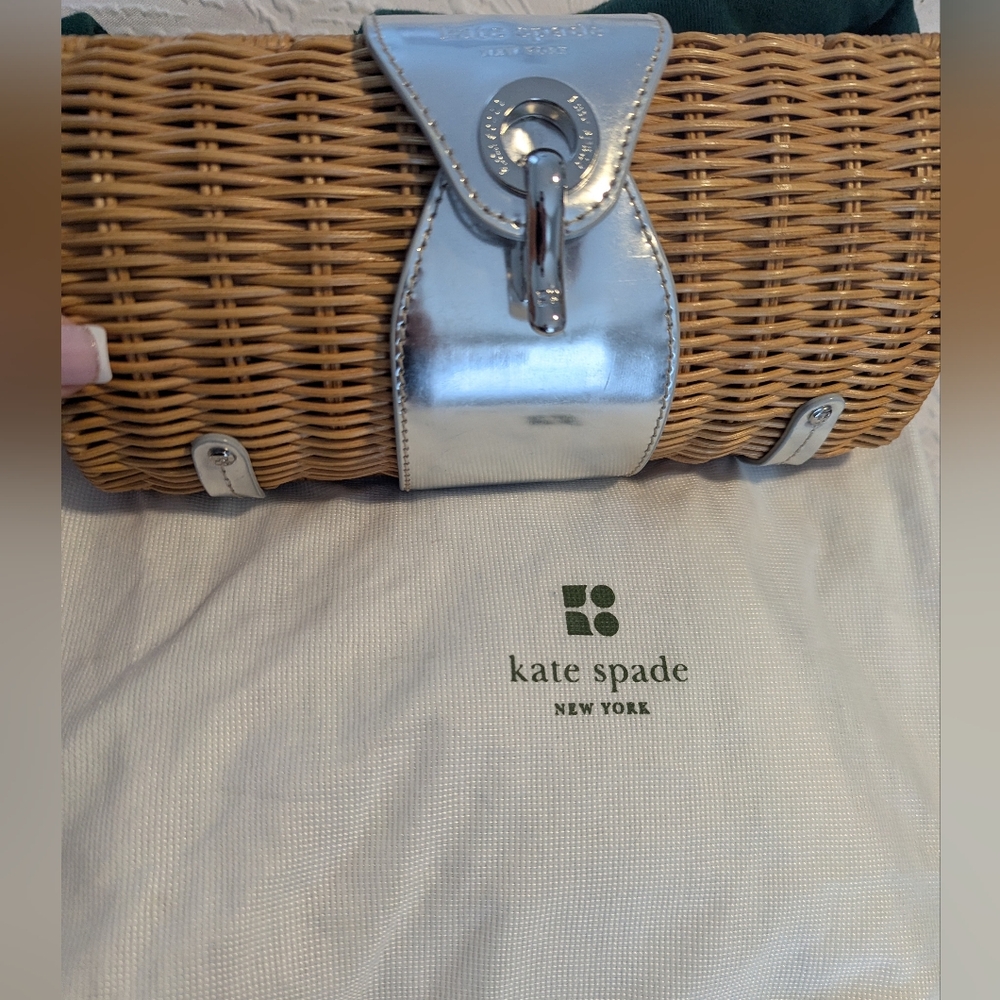 Kate Spade Wicker Tan Clutch with Silver Accents -EUC